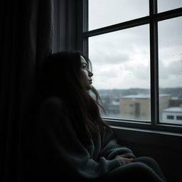 A lonely woman in deep pain and sadness, sitting by a large window