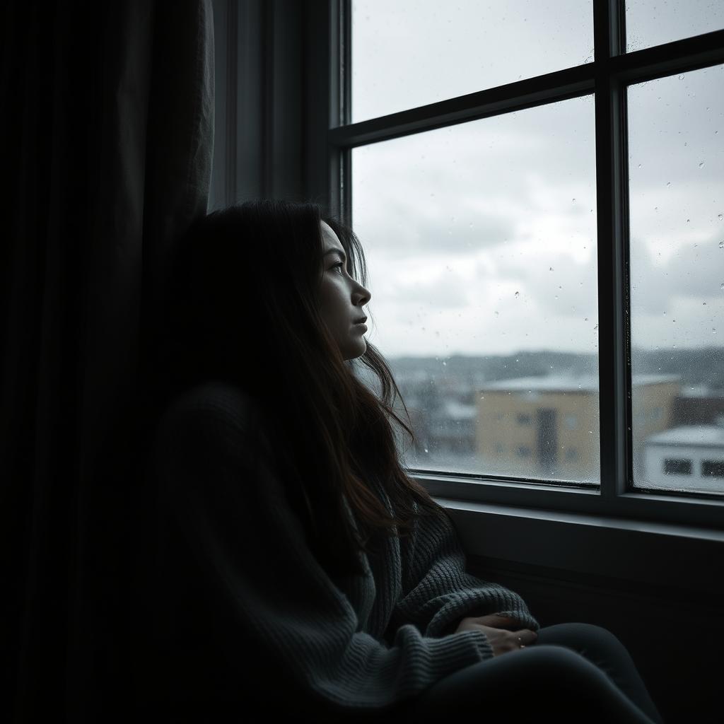 A lonely woman in deep pain and sadness, sitting by a large window