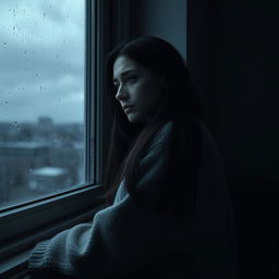 A lonely woman in deep pain and sadness, sitting by a large window