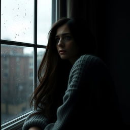 A lonely woman in deep pain and sadness, sitting by a large window