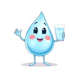 A delightful illustration of a cute drop of water character with two arms and legs, standing on a white background