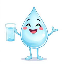 A delightful illustration of a cute drop of water character with two arms and legs, standing on a white background