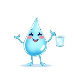 A delightful illustration of a cute drop of water character with two arms and legs, standing on a white background