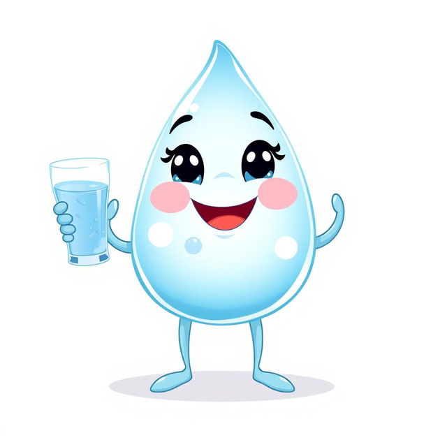 A delightful illustration of a cute drop of water character with two arms and legs, standing on a white background