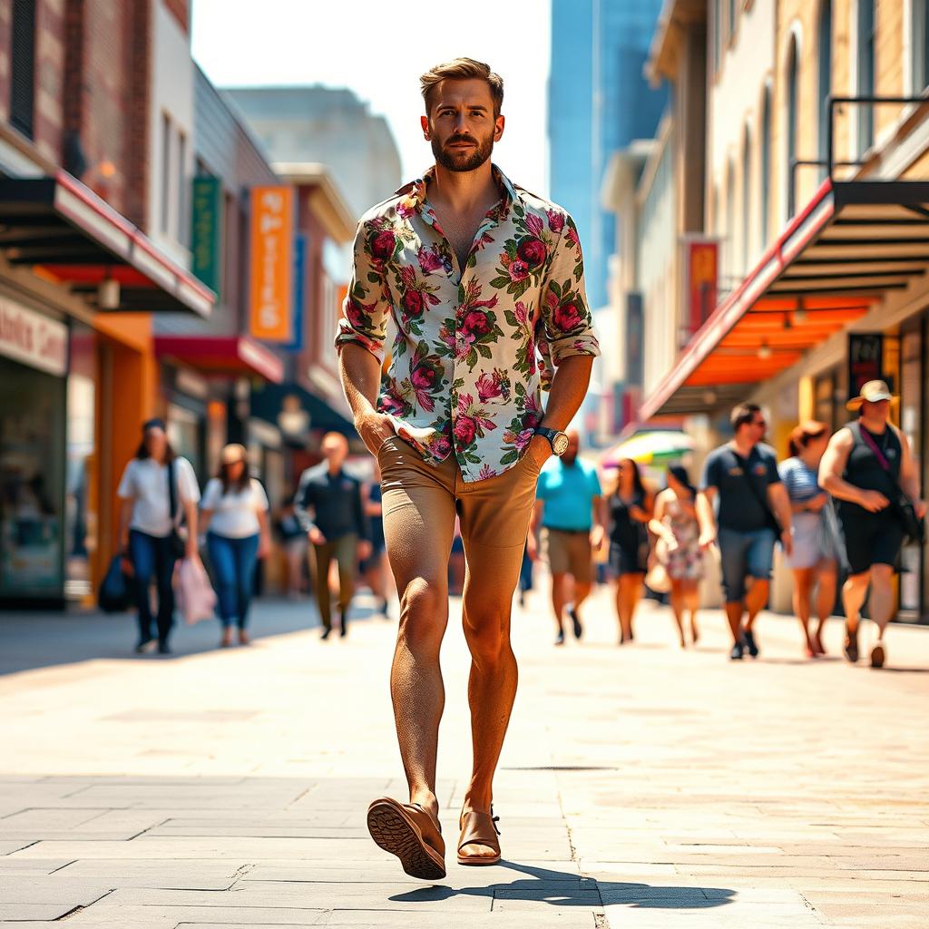 A confident heterosexual man wearing tan pantyhose with a vibrant floral pattern and no pants, walking with purpose down a lively public street