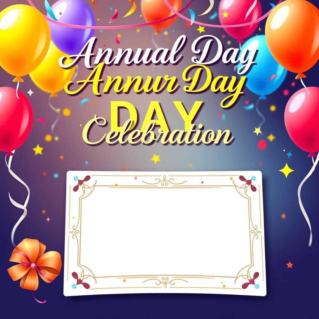 A beautifully designed annual day card celebrating a special event, featuring vibrant colors and festive motifs