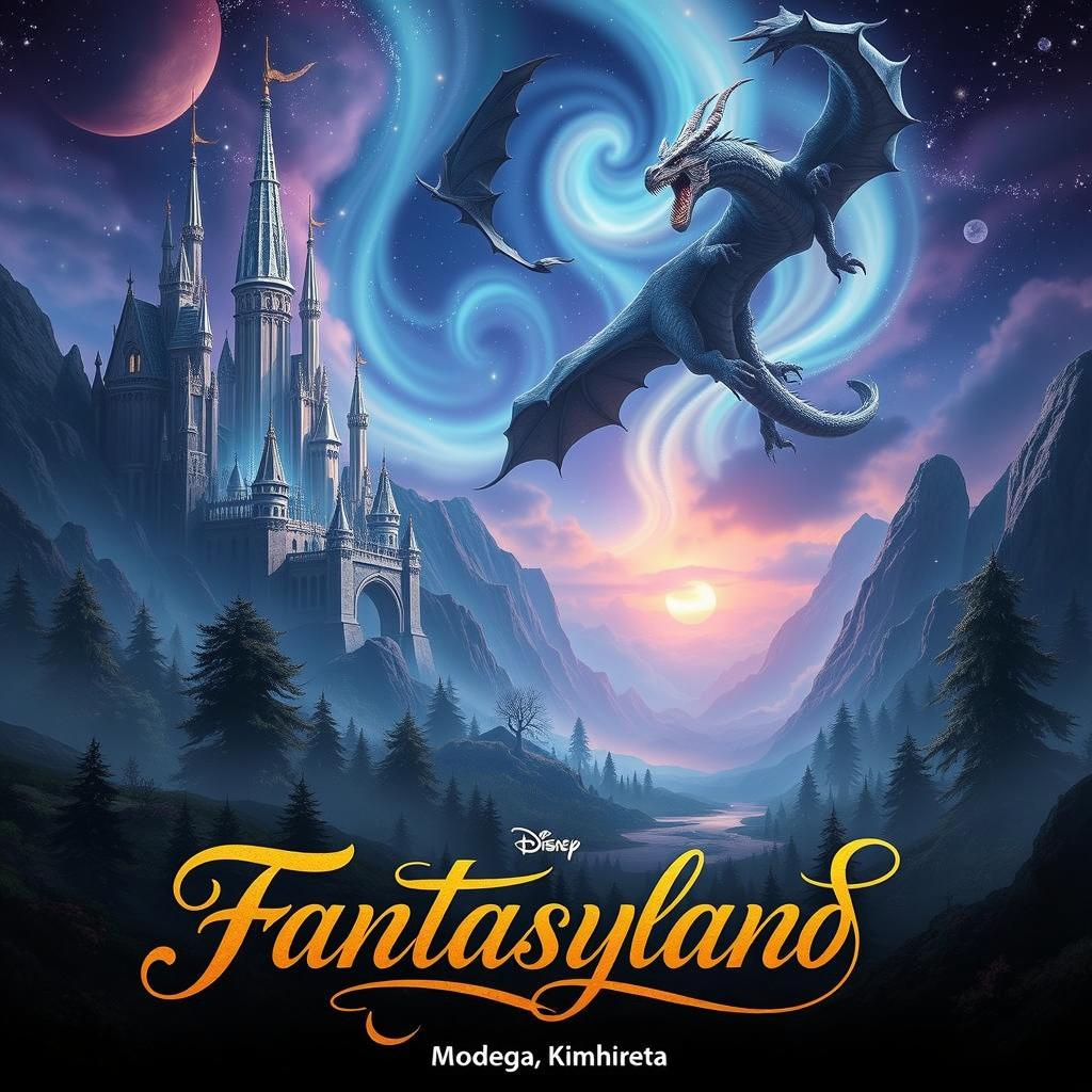 A majestic fantasy landscape featuring a grand castle surrounded by lush, mystical forests and rolling hills