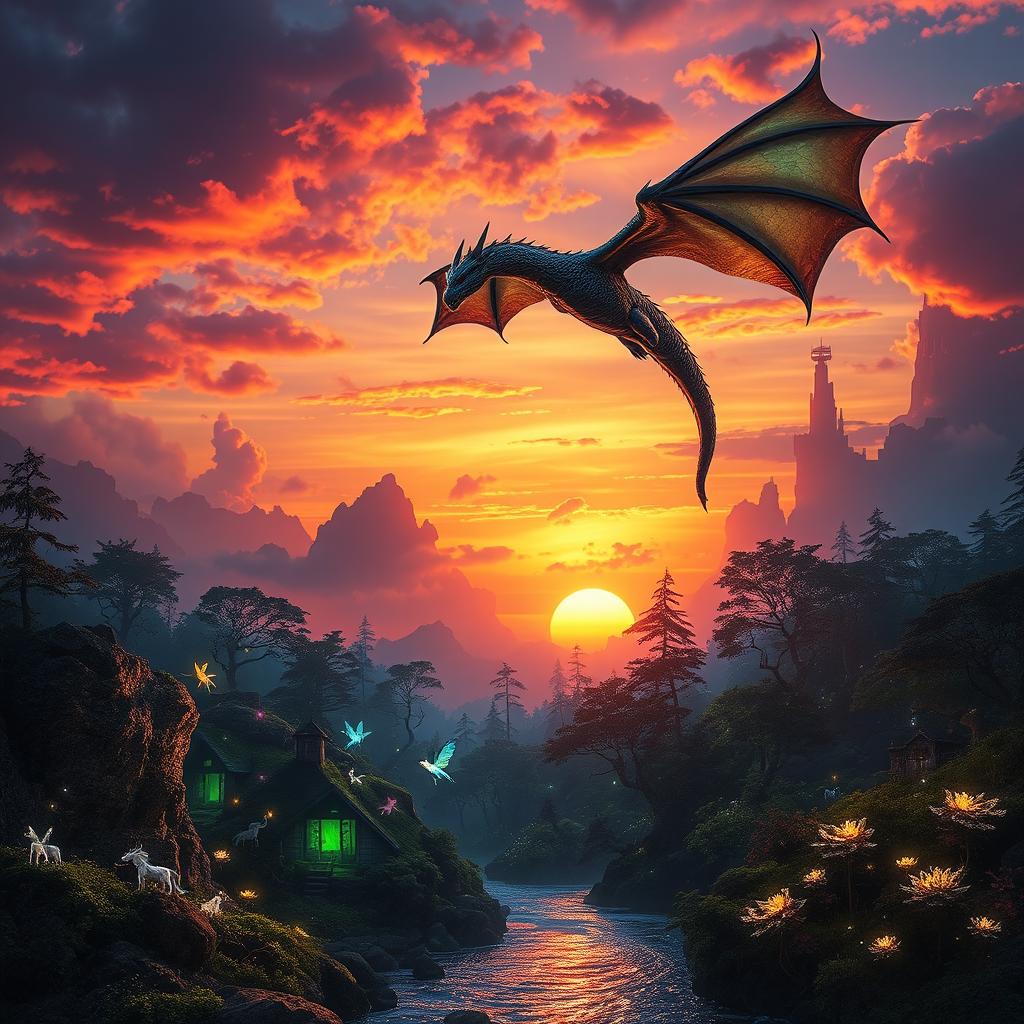 A stunning fantasy scene featuring a majestic dragon soaring through a vibrant sunset sky