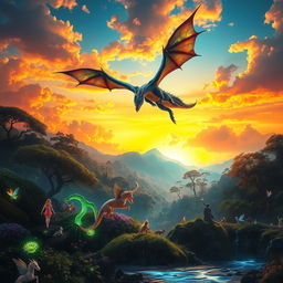A stunning fantasy scene featuring a majestic dragon soaring through a vibrant sunset sky