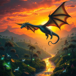 A stunning fantasy scene featuring a majestic dragon soaring through a vibrant sunset sky