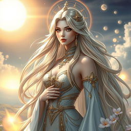 A gorgeous female character portraying a goddess-like figure, featuring stunning long flowing hair that shimmers with gold and silver highlights, wearing an elaborate and elegant gown adorned with celestial motifs