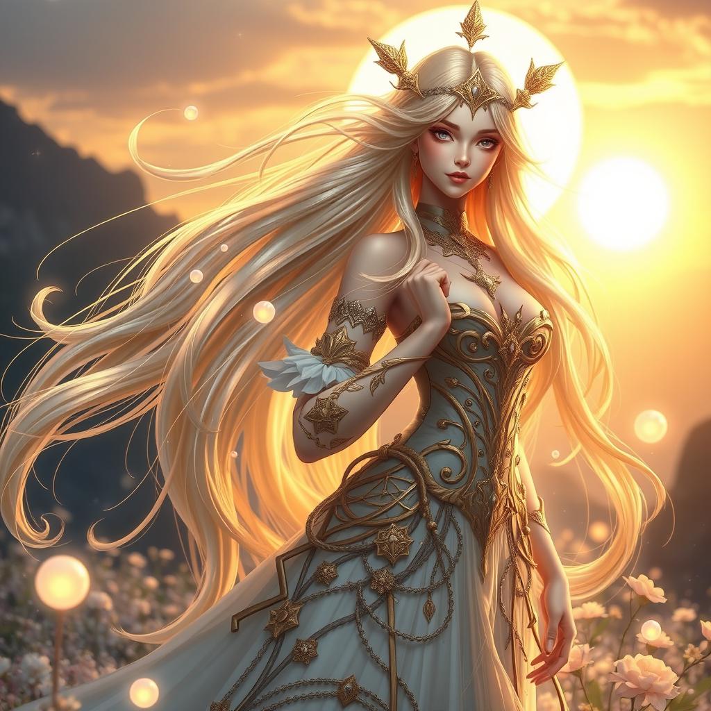 A gorgeous female character portraying a goddess-like figure, featuring stunning long flowing hair that shimmers with gold and silver highlights, wearing an elaborate and elegant gown adorned with celestial motifs