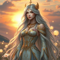 A gorgeous female character portraying a goddess-like figure, featuring stunning long flowing hair that shimmers with gold and silver highlights, wearing an elaborate and elegant gown adorned with celestial motifs