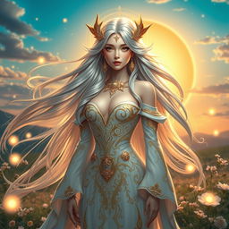 A gorgeous female character portraying a goddess-like figure, featuring stunning long flowing hair that shimmers with gold and silver highlights, wearing an elaborate and elegant gown adorned with celestial motifs