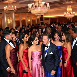 A sophisticated scene showcasing a diverse group of individuals in formal attire, including men in tailored suits with ties and women in elegant evening gowns