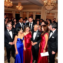 A sophisticated scene showcasing a diverse group of individuals in formal attire, including men in tailored suits with ties and women in elegant evening gowns