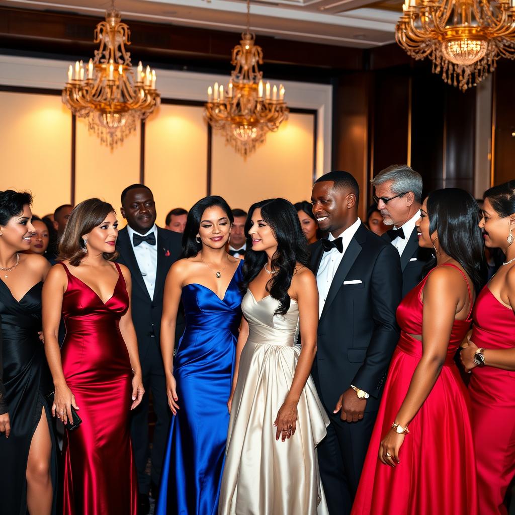 A sophisticated scene showcasing a diverse group of individuals in formal attire, including men in tailored suits with ties and women in elegant evening gowns