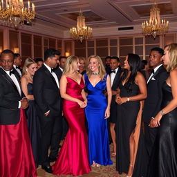 A sophisticated scene showcasing a diverse group of individuals in formal attire, including men in tailored suits with ties and women in elegant evening gowns
