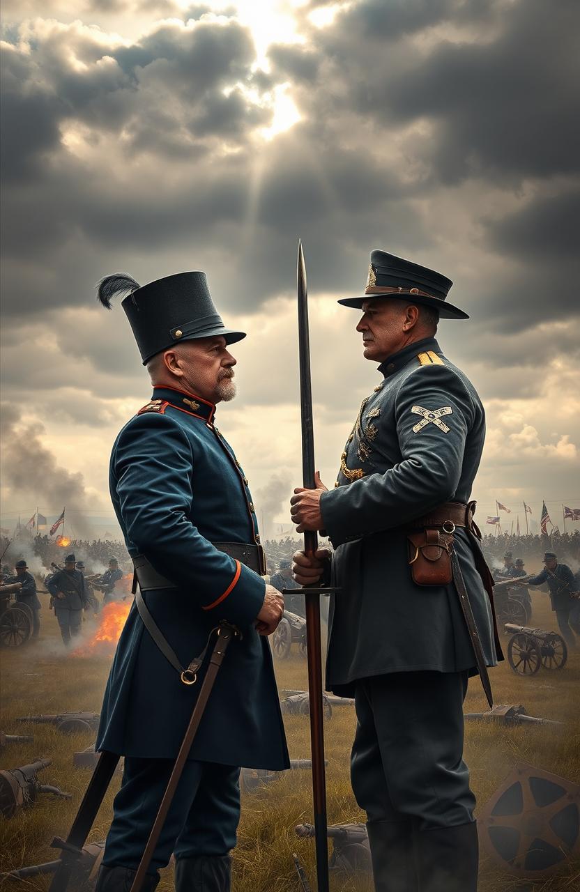 A dramatic historical scene depicting two Civil War generals facing off on a battlefield