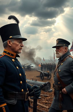 A dramatic historical scene depicting two Civil War generals facing off on a battlefield
