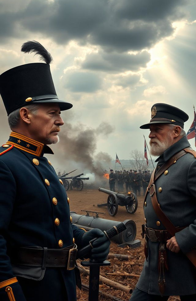 A dramatic historical scene depicting two Civil War generals facing off on a battlefield