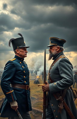 A dramatic historical scene depicting two Civil War generals facing off on a battlefield