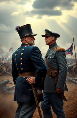 A dramatic historical scene depicting two Civil War generals facing off on a battlefield