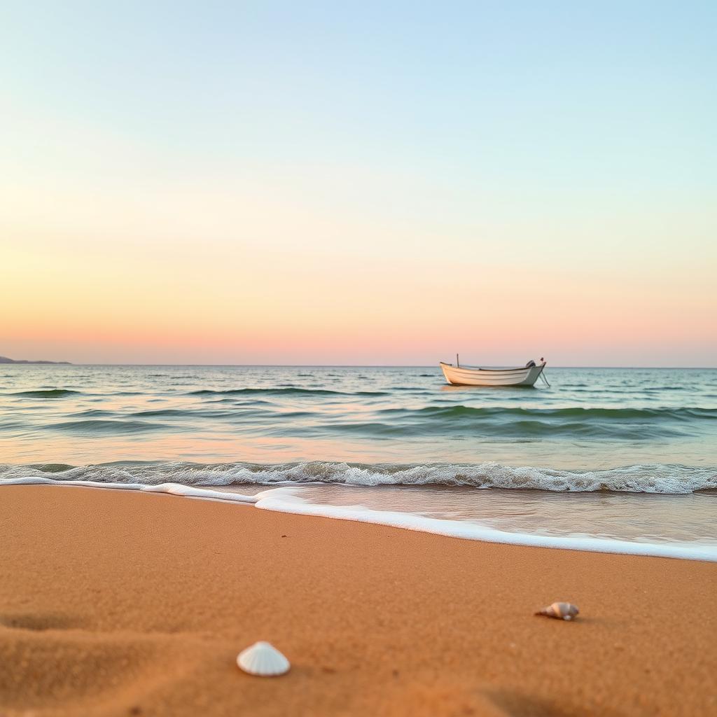 A serene beachfront scene with a calm ocean, golden sand, and a small boat gently bobbing on the water