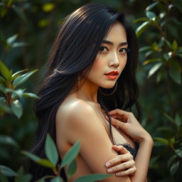 A beautiful Asian woman, confidently posing in a natural setting, showcasing her elegance and allure