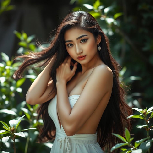 A beautiful Asian woman, confidently posing in a natural setting, showcasing her elegance and allure