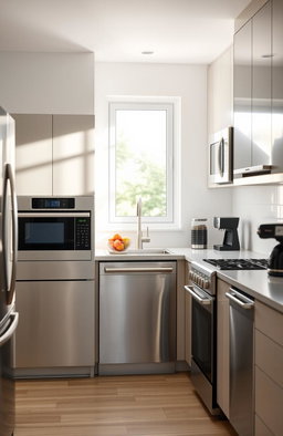 A modern kitchen filled with sleek, stainless steel home appliances