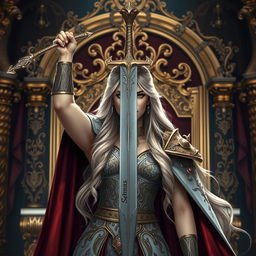 A majestic queen standing confidently with her sword raised high, her regal attire adorned with intricate patterns and gemstones