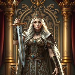 A majestic queen standing confidently with her sword raised high, her regal attire adorned with intricate patterns and gemstones