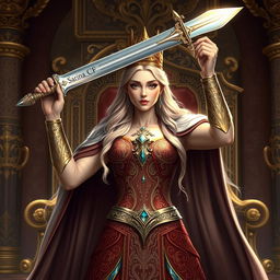 A majestic queen standing confidently with her sword raised high, her regal attire adorned with intricate patterns and gemstones