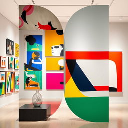 An imaginative split composition featuring one side showcasing contemporary art and the other side displaying modern art