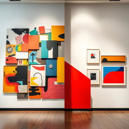 An imaginative split composition featuring one side showcasing contemporary art and the other side displaying modern art