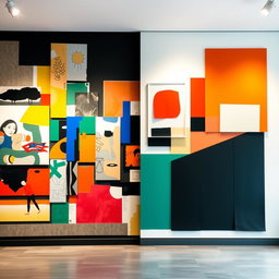 An imaginative split composition featuring one side showcasing contemporary art and the other side displaying modern art