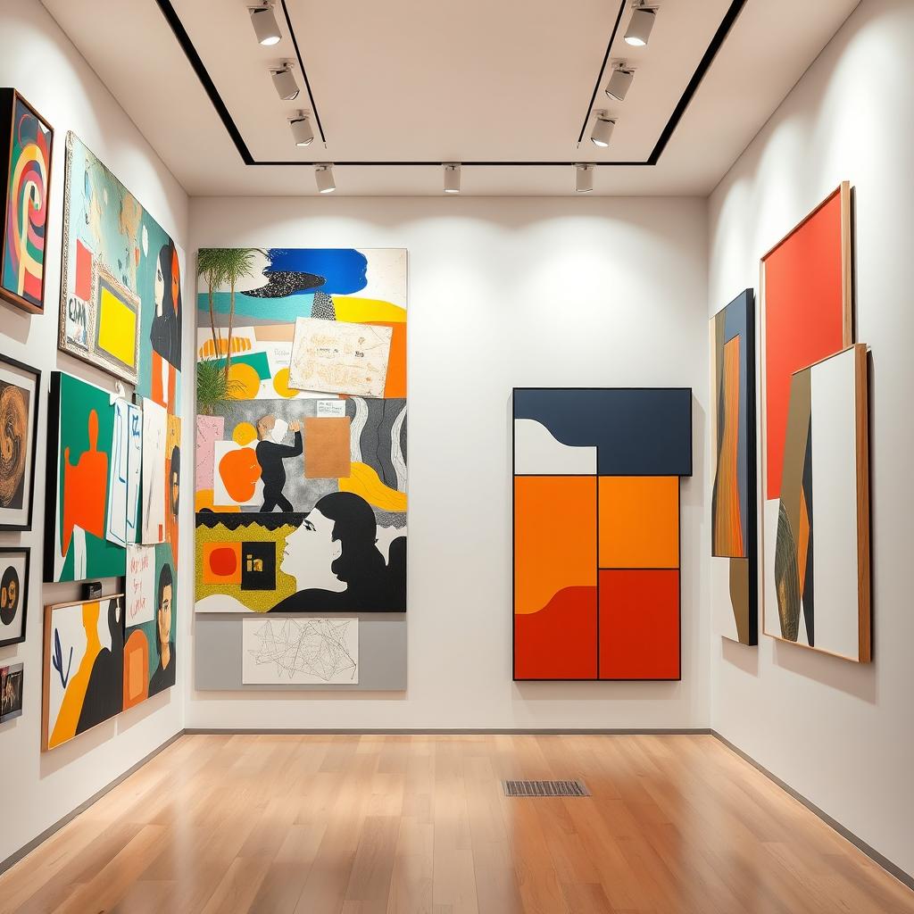 An imaginative split composition featuring one side showcasing contemporary art and the other side displaying modern art