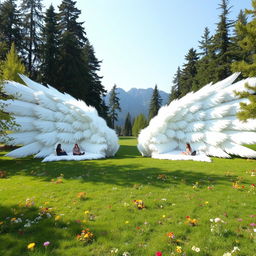 In a mountainous area, a park spreads out on the ground in the shape of two extended white wings