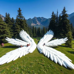 In a mountainous area, a park spreads out on the ground in the shape of two extended white wings