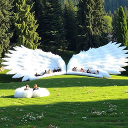 In a mountainous area, a park spreads out on the ground in the shape of two extended white wings