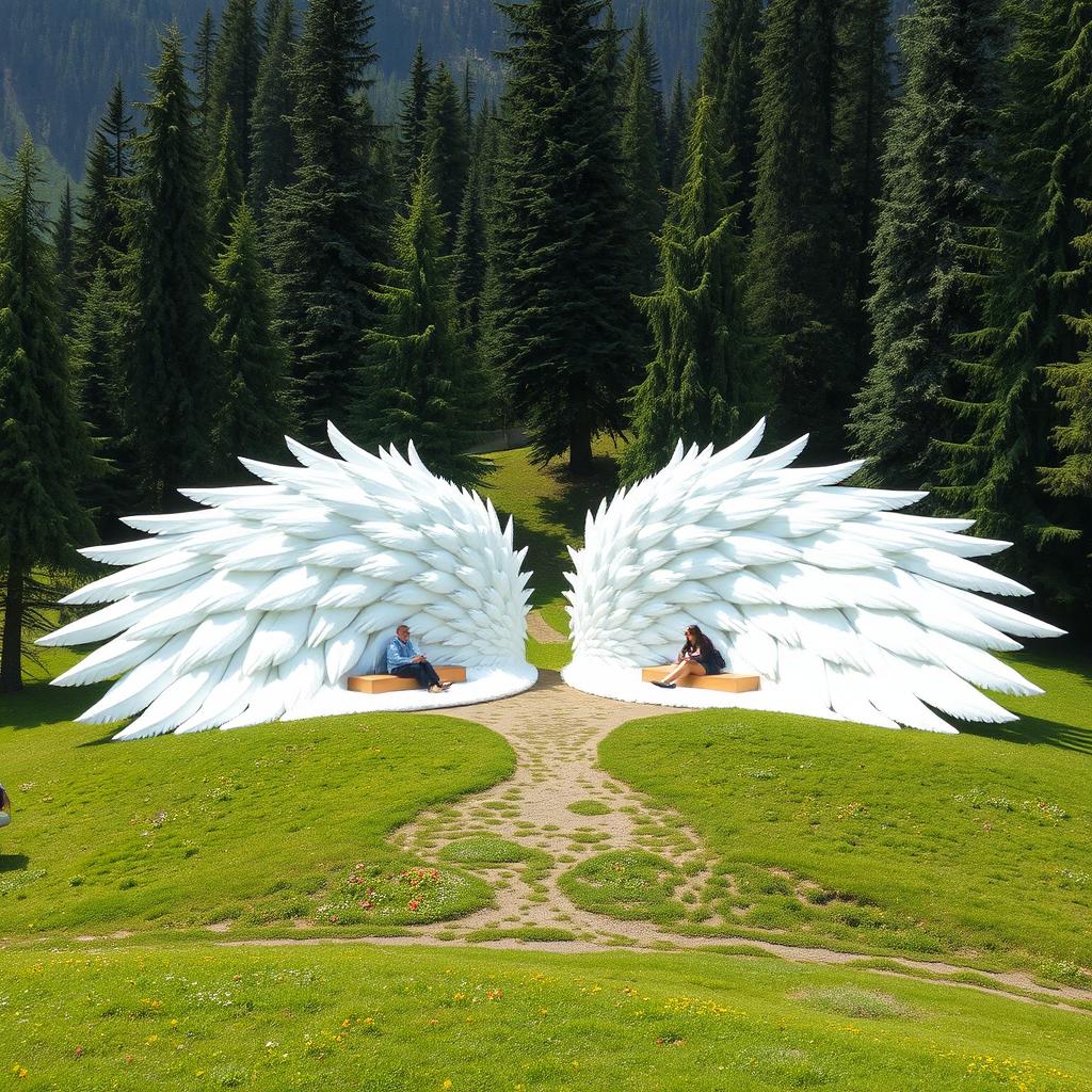 In a mountainous area, a park spreads out on the ground in the shape of two extended white wings