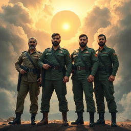 A powerful depiction of Islamic Revolutionary Martyrs Qasem Soleimani, Hossein Kharrazi, Ahmad Kazemi, and Mehdi Bakeri standing together in a heroic pose