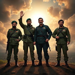 A powerful depiction of Islamic Revolutionary Martyrs Qasem Soleimani, Hossein Kharrazi, Ahmad Kazemi, and Mehdi Bakeri standing together in a heroic pose