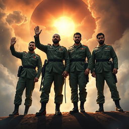 A powerful depiction of Islamic Revolutionary Martyrs Qasem Soleimani, Hossein Kharrazi, Ahmad Kazemi, and Mehdi Bakeri standing together in a heroic pose