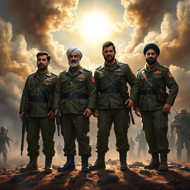 A powerful depiction of Islamic Revolutionary Martyrs Qasem Soleimani, Hossein Kharrazi, Ahmad Kazemi, and Mehdi Bakeri standing together in a heroic pose