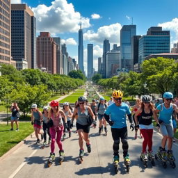 A vibrant cityscape showcasing a group of inline skaters enjoying a sunny day