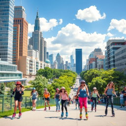 A vibrant cityscape showcasing a group of inline skaters enjoying a sunny day