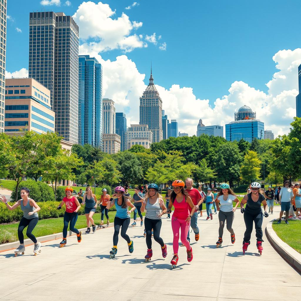 A vibrant cityscape showcasing a group of inline skaters enjoying a sunny day