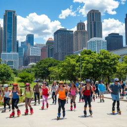 A vibrant cityscape showcasing a group of inline skaters enjoying a sunny day